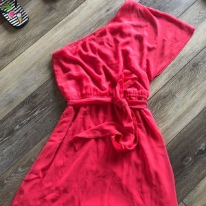 Perfect coral , One shoulder ,overlay dress